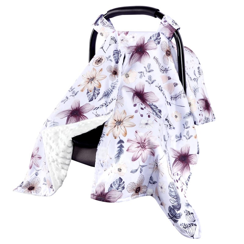 Jundetye Baby Car Seat Cover, Peekaboo Opening Spring Car Seat Canopy for Baby Girls Boys, Mom Nursing Breastfeeding Covers, Blanket for Infant, Purple Watercolor Flower - Image 1